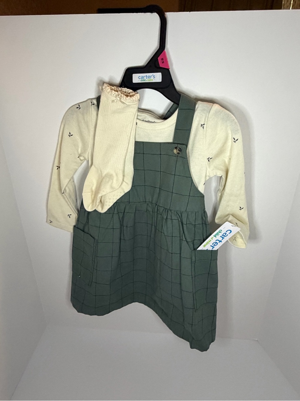 Carter's Green Windowpane Pinafore Dress with Cream Top